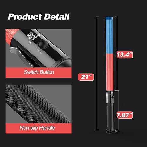 Miniatura 6 de RoadHero Varita de control de tráfico, 21 pulgadas, rojo y azul, 3 modos intermitentes, varita de señal de marshaling de aire con clip lateral para