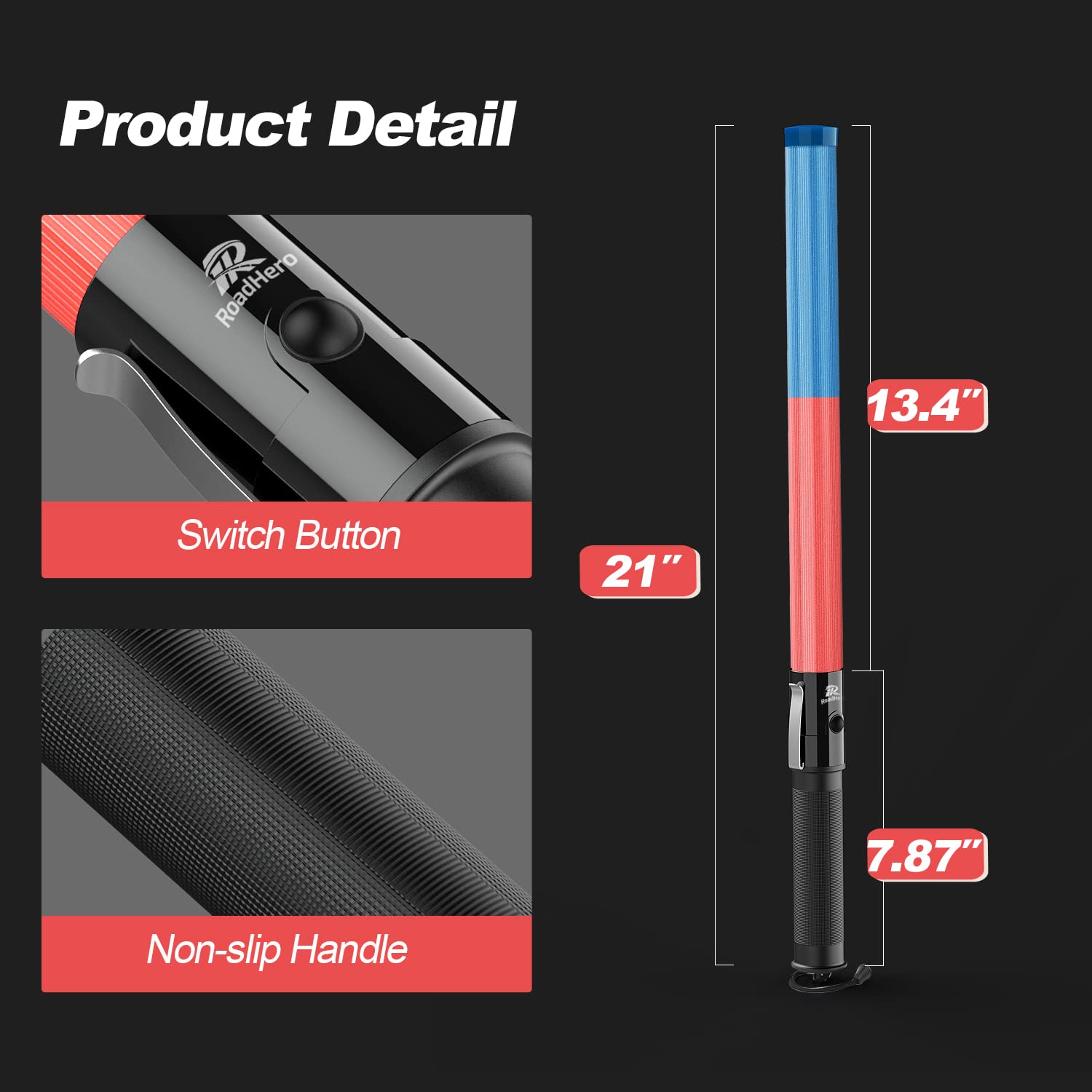 RoadHero 2 Pack 21 Inch Traffic Wands, Blue Led Traffic Control Baton, Night Safety Light Wand with 2 Flashing Modes, Air Marshaling Signal Wand with Side Clip for Parking Lot