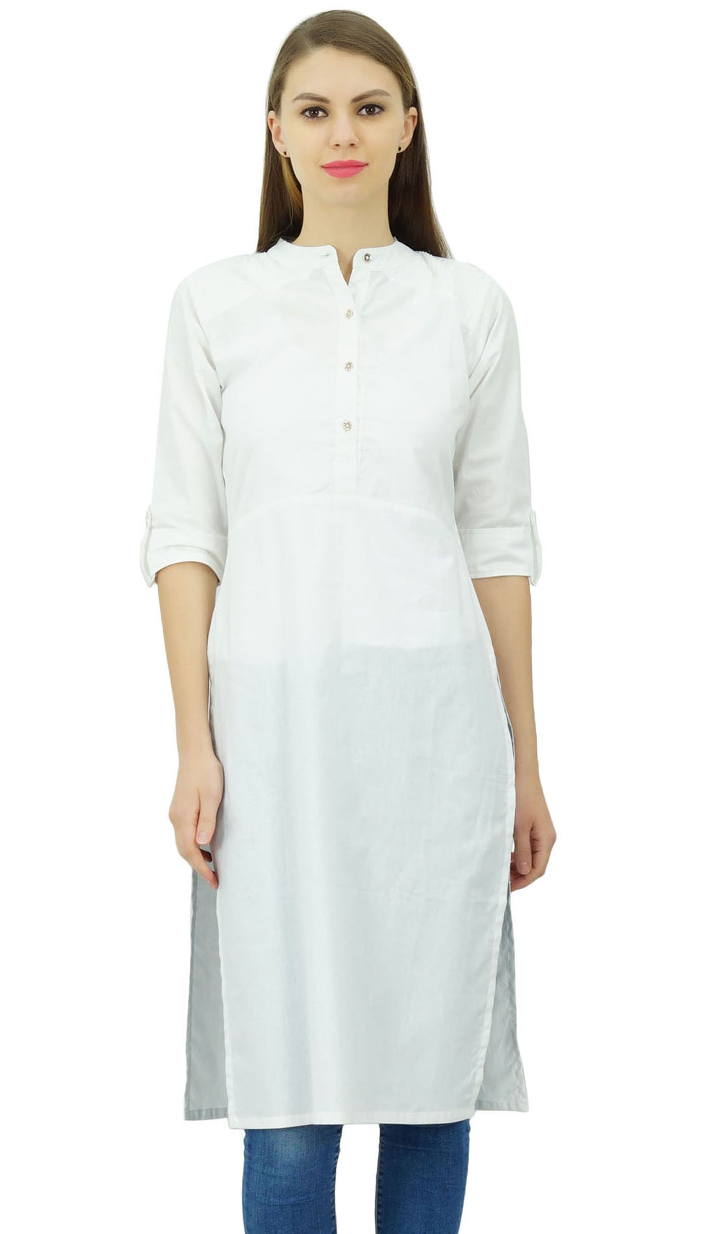 Cotton Plain Kurti Tunic Mandarin Collar Ethnic Casual Kurta Blouse
