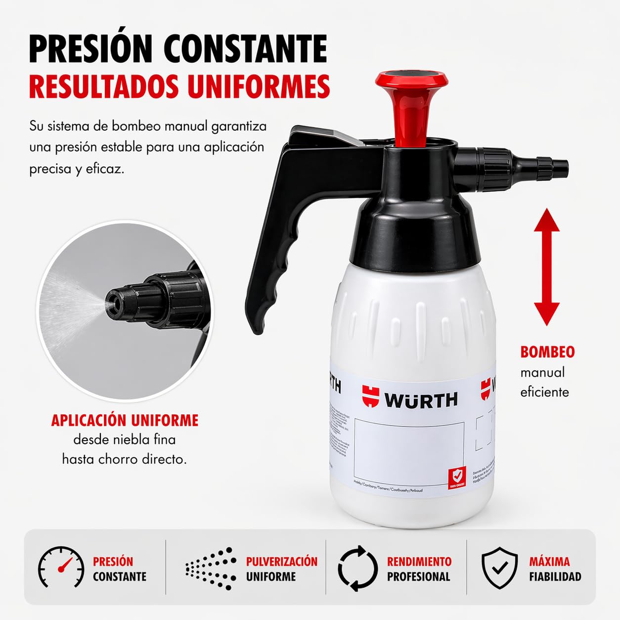 Wurth Pulverizador Presión Químicos y acidos Profesional, Pulverizador Industrial Ideal para Detailing Coche, Taller e Industria, Boquilla Ajustable - 1 Litro
