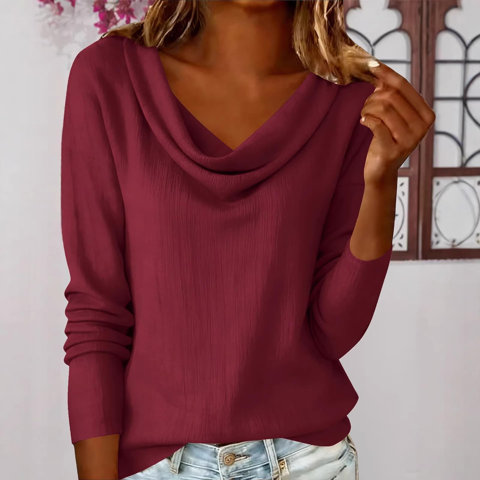 Blusa de manga larga para mujer, cuello vuelo, ajuste holgado, color puro, para ocio, trabajo, fiesta, vacaciones, oficina, uso casual