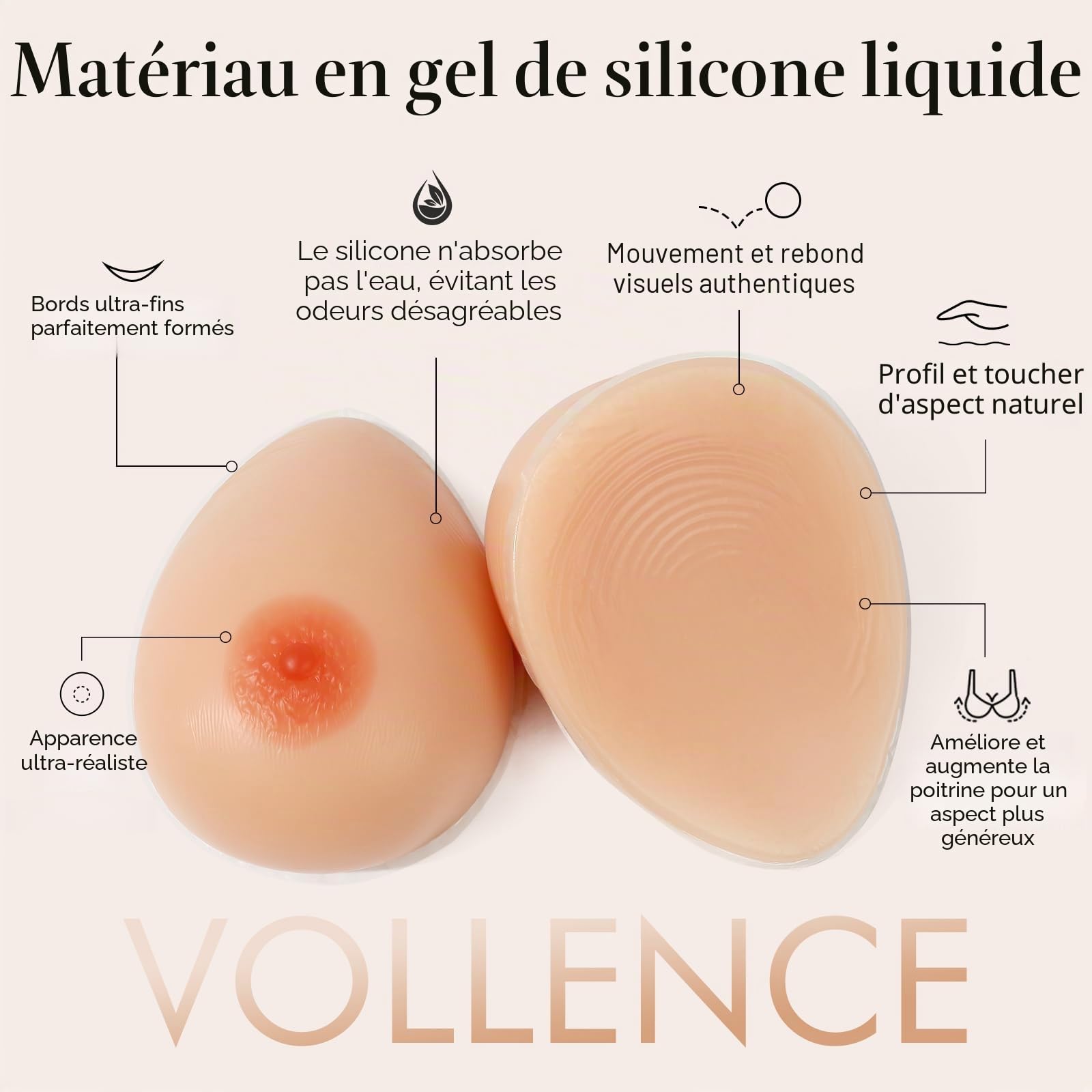 Vollence D Cup 1000g Formes Mammaires en Silicone Faux Sein Artificiel Poitrines de Silicones pour Prothèse de Mastectomie