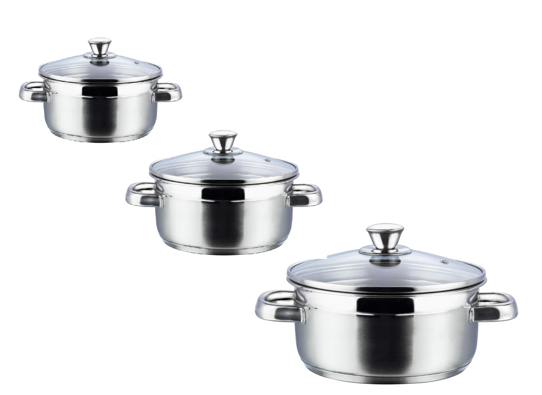 Nobel Stainless Steel Two Tone Casserole with Glass Vented Lid Heat Resistant Short Handles, Ideal for All Hobs. (Set of 3-14.16,18 cm Diameter)