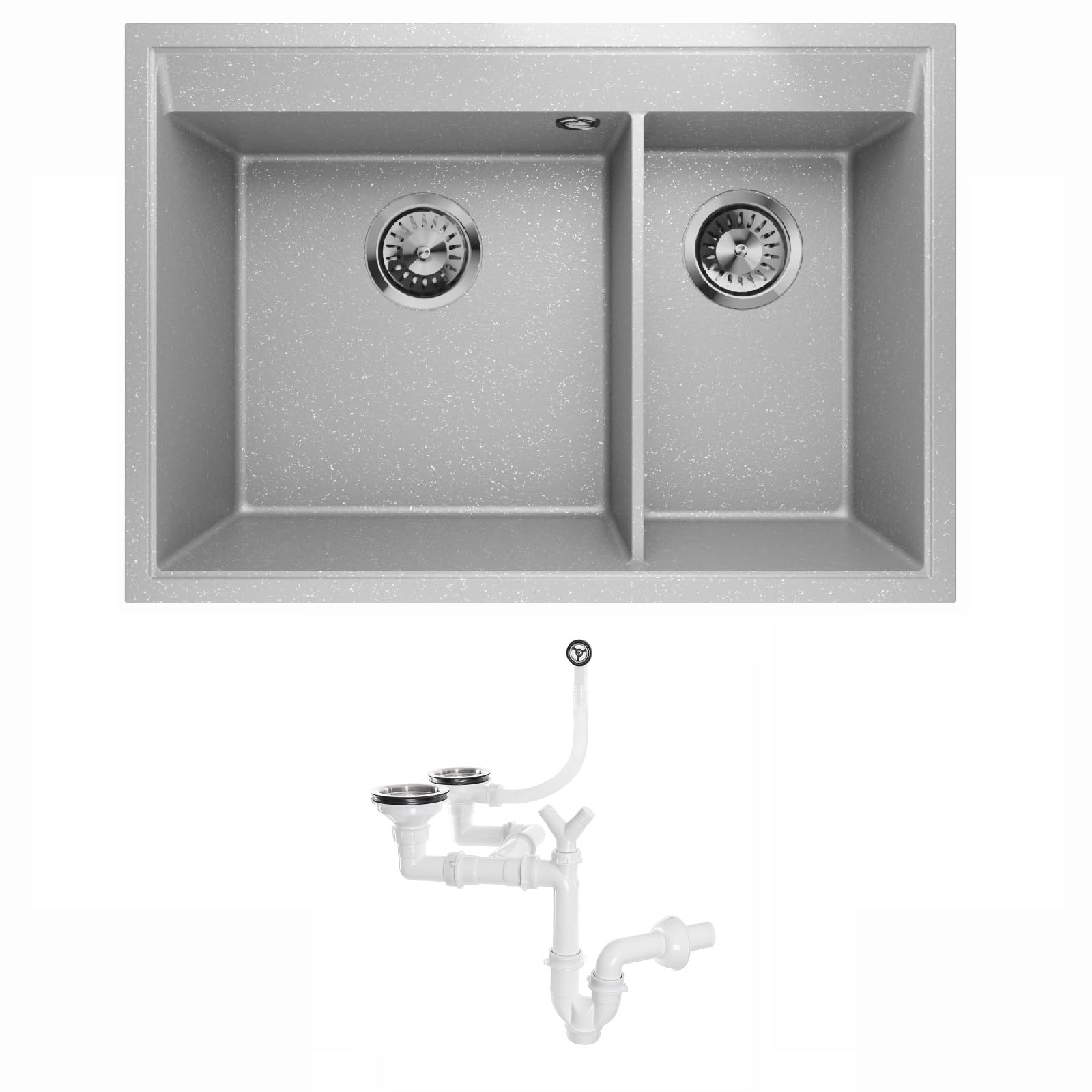 Évier de cuisine double en granit encastrable - 2 à 1,5 cm - Cadre 2,5 cm - Gris