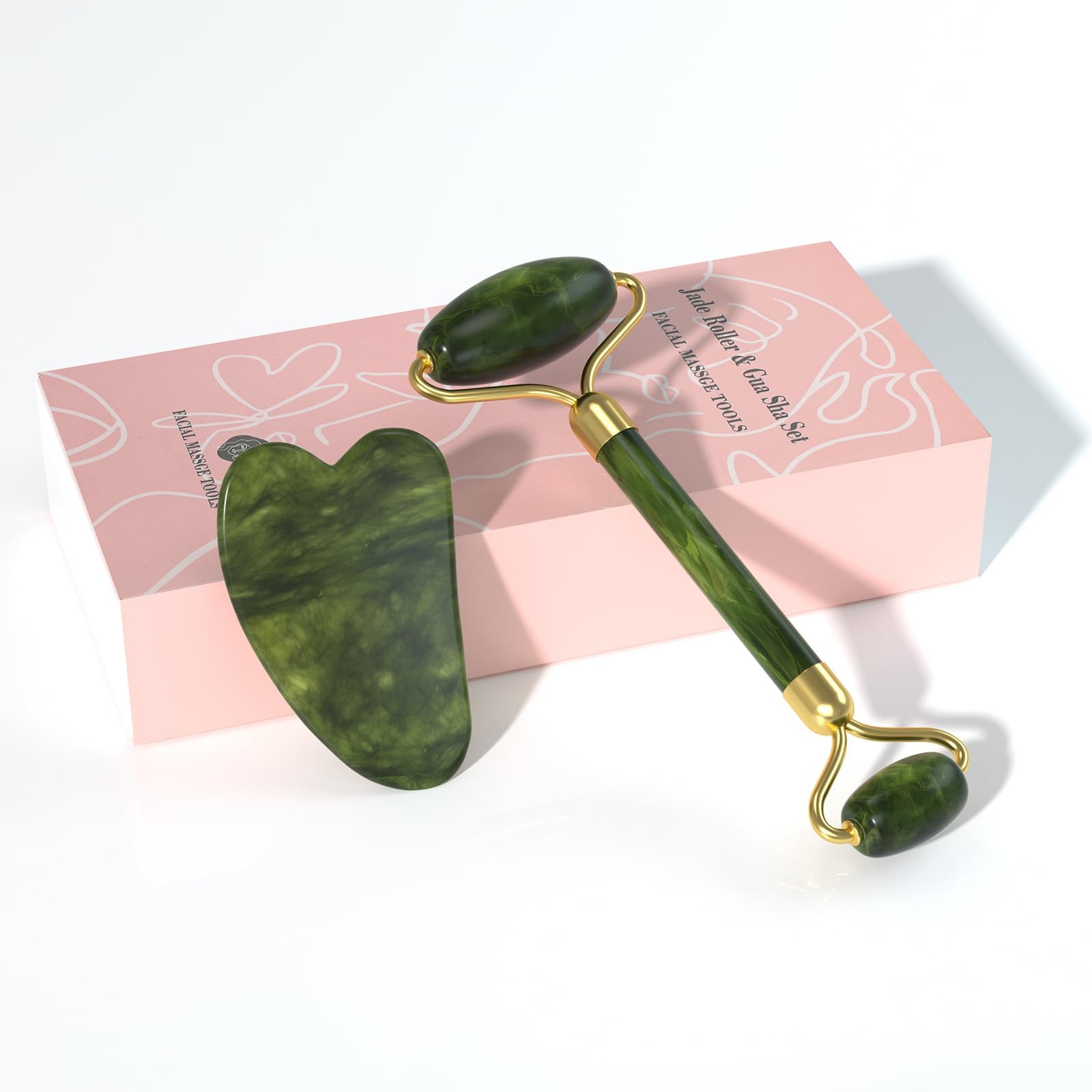 Conjunto de rolo de jade Gua Sha (verde-escuro)