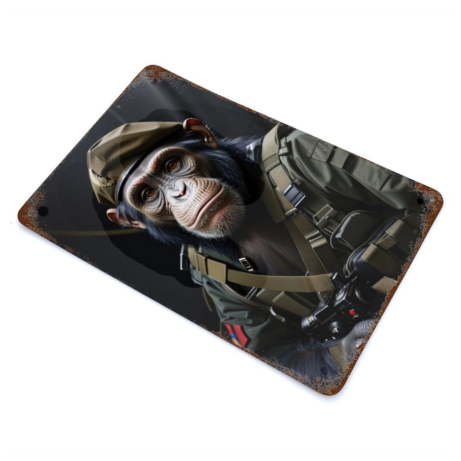 Soldier Chimpanzee Funny Vintage Wall Sign 11.8"x7.9", Rust Effect Metal Decor for Bistro, Counter And Cafe Decor