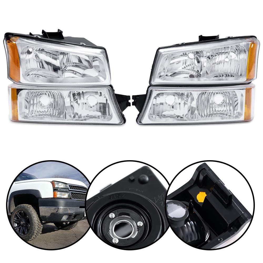 G-PLUS Headlights Assembly Compatible with 2003 2004 2005 2006 Chevy Avalanche Silverado 1500 2500 3500 1500 HD 2500 HD Bumper Headlamp, Clear Lens Chrome Housing Amber Reflector w/o Bulb