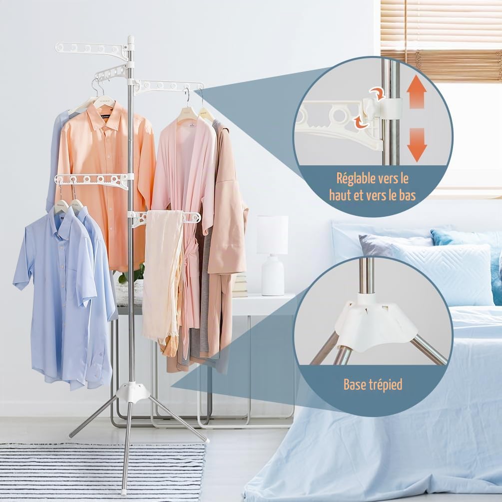 BAOYOUNI Sechoir à Linge Étendoir Pliable en Métal Trépied Etendoir à Linge Rabattable avecà 5 Bras Peu Encombrant Facile à Installer, pour Intérieur et Extérieur, Ivoire