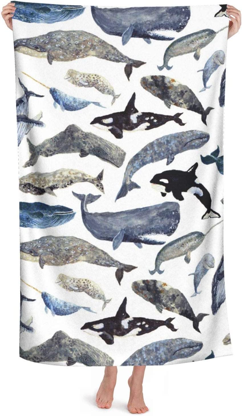 LSRCPD Shark Dolphin Whale Beach Towel Highly Absorbent Microfiber Beach Blanket Soft Bath Towels 80X130 CM