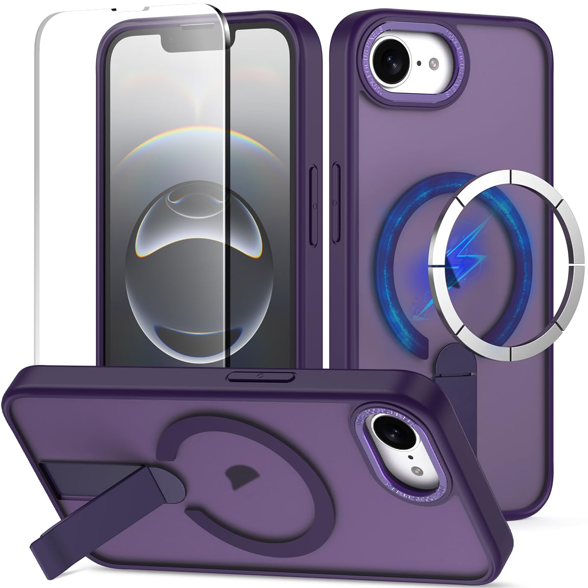 MMHUO Magnetic for iPhone 16e Case with Screen Protector,[Compatible with Magsafe],[Skin Feeling],Slim Adjustable Kickstand Phone Case for iPhone 16e