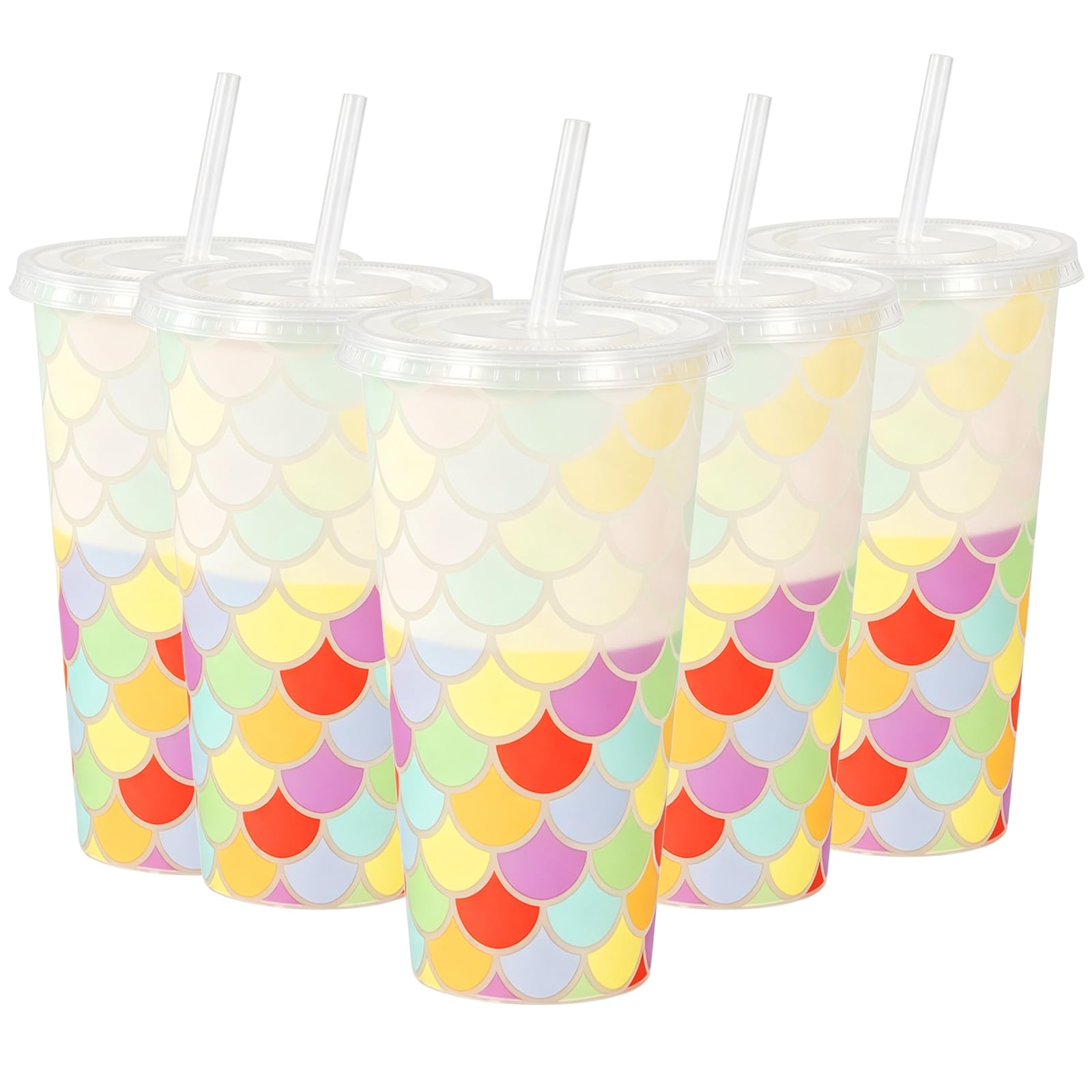 dididudi 5Pcs Colour Changing Cups Tumbler with Lid and Straw, 24oz Reusable Plastic Tumblers, Magic Mermaid Scale Colour Change Cup for Iced Coffee,Smoothies,Party, BPA Free Plastic Travel Cup