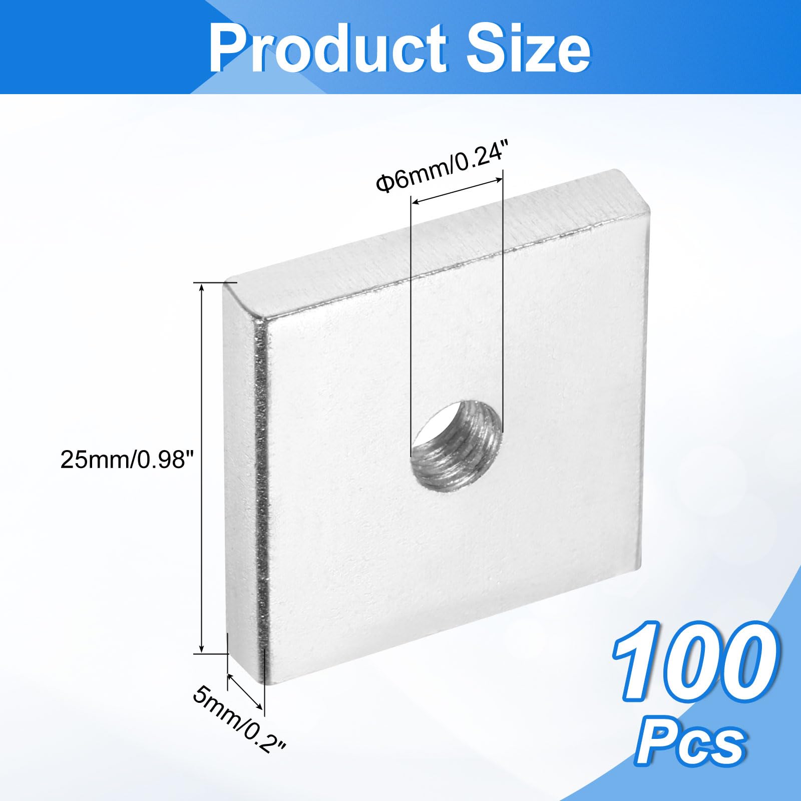 uxcell 100 tuercas cuadradas M6 x 25 mm x 5 mm, acero al carbono, chapado en zinc, tuercas cuadradas de rosca gruesa para reparaciones del hogar e ingeniería profesional, color plateado