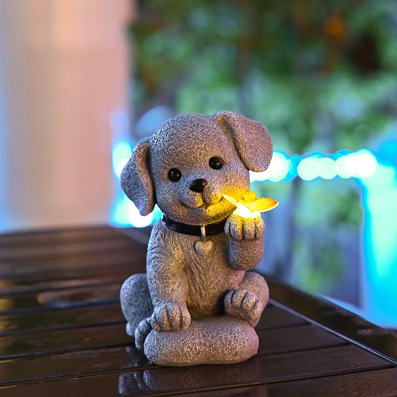 YZYOE LED Solar Powered Puppy Butterfly lamp, Outdoor Atmosphere Decoration Light, Cute Resin Puppy Butterfly Garden Landscape lamp.