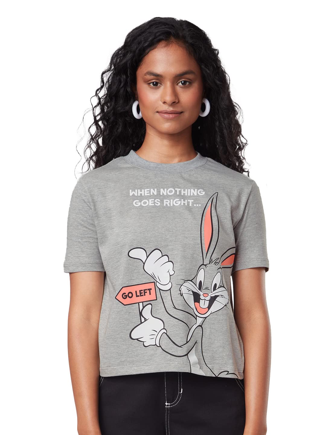 The Souled Store| Official Looney Tunes: Go Left Women and Girl T-Shirts|Half Sleeve|Regular fit Graphic Printed |100% Cotton Grey Color Women T-Shirts T Shirt for Women Round Neck