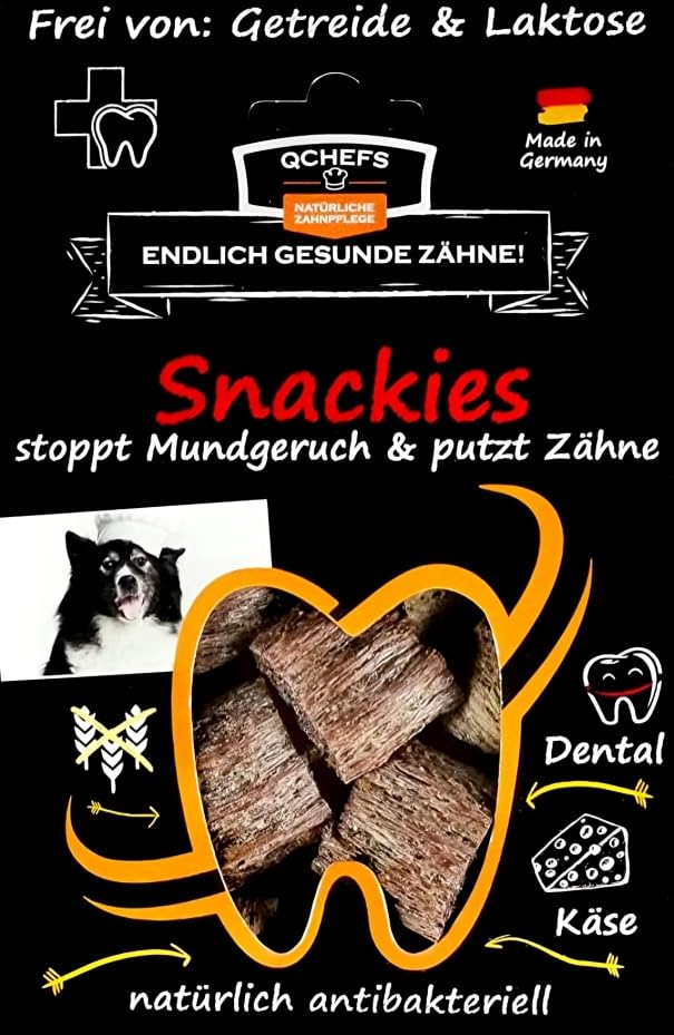 QCHEFS SNACKIES Leckerlis bei Mundgeruch - natürlich antibakterielle Zahnpflege ohne Dentalspray, Hundezahnbürste oder Zahnpasta