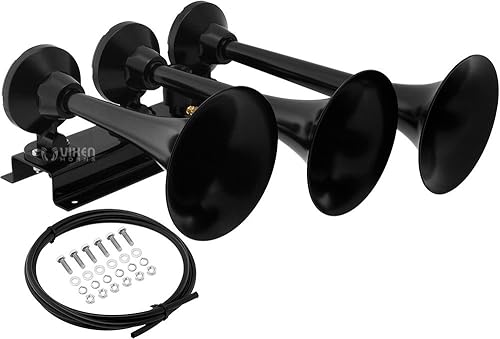 Cuerno de tren Vixen Horns para camionescoches.3 Cuerno de aire negro resistente trompetas.Super fuerte dB. Se adapta a vehículos de 12 V como