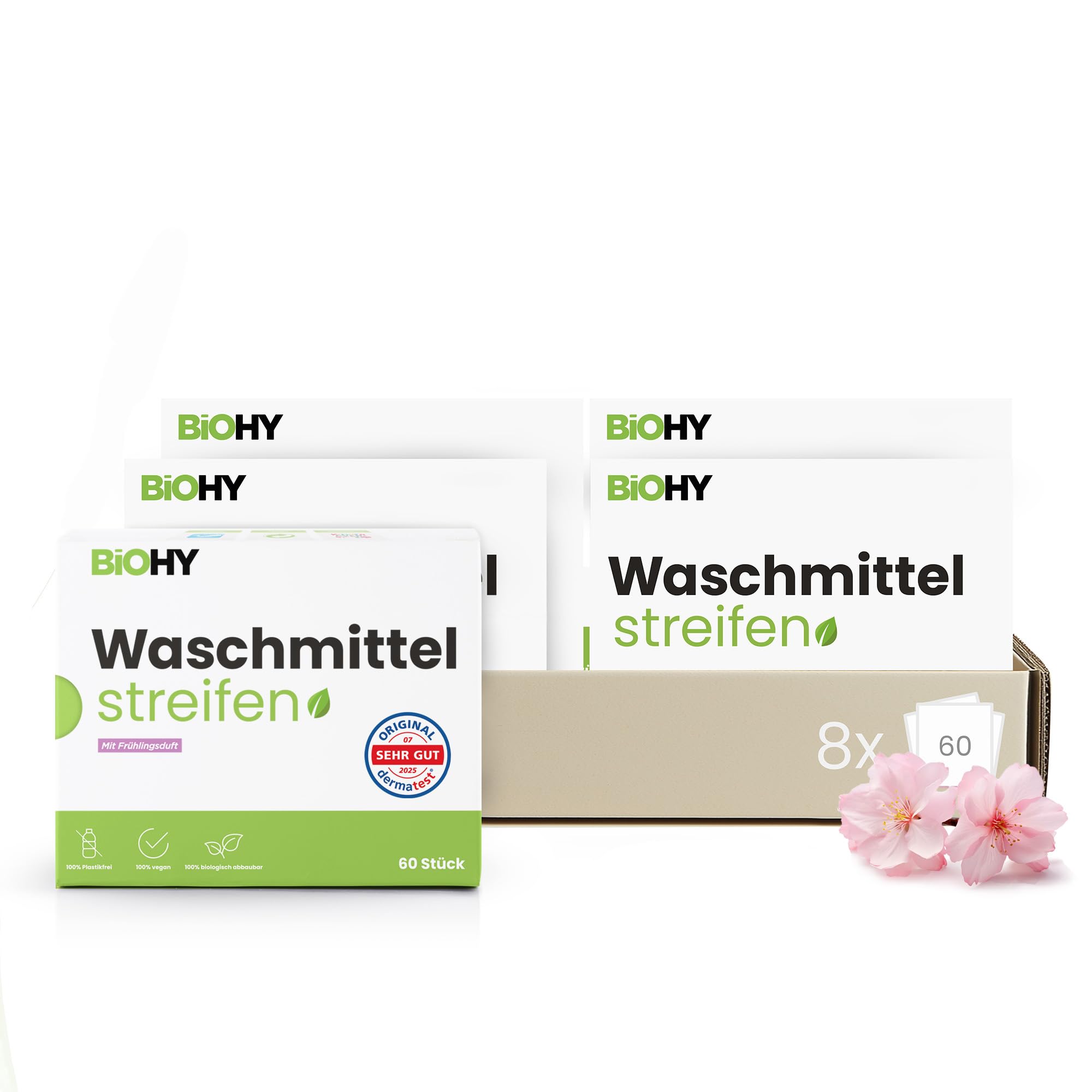 BiOHY Detergente per bucato con profumo primaverile (8 x 60 pezzi) | detersivo universale sostenibile da viaggio senza plastica | 100% carta da lavaggio biodegradabile | strisce di detersivo solubili