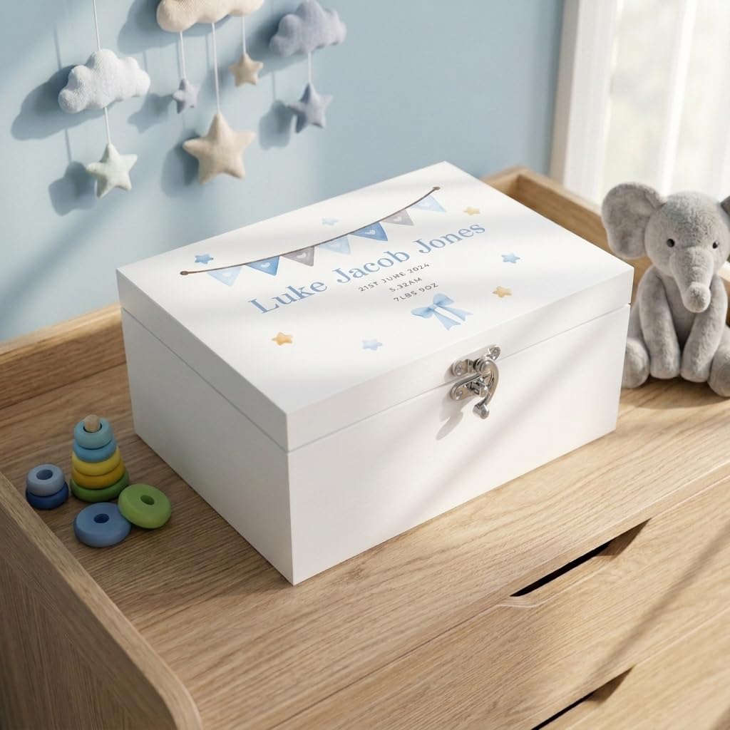 Caja de recuerdos de madera blanca personalizada con guirnalda azul para recién nacido, 27 x 19 x 14 cm