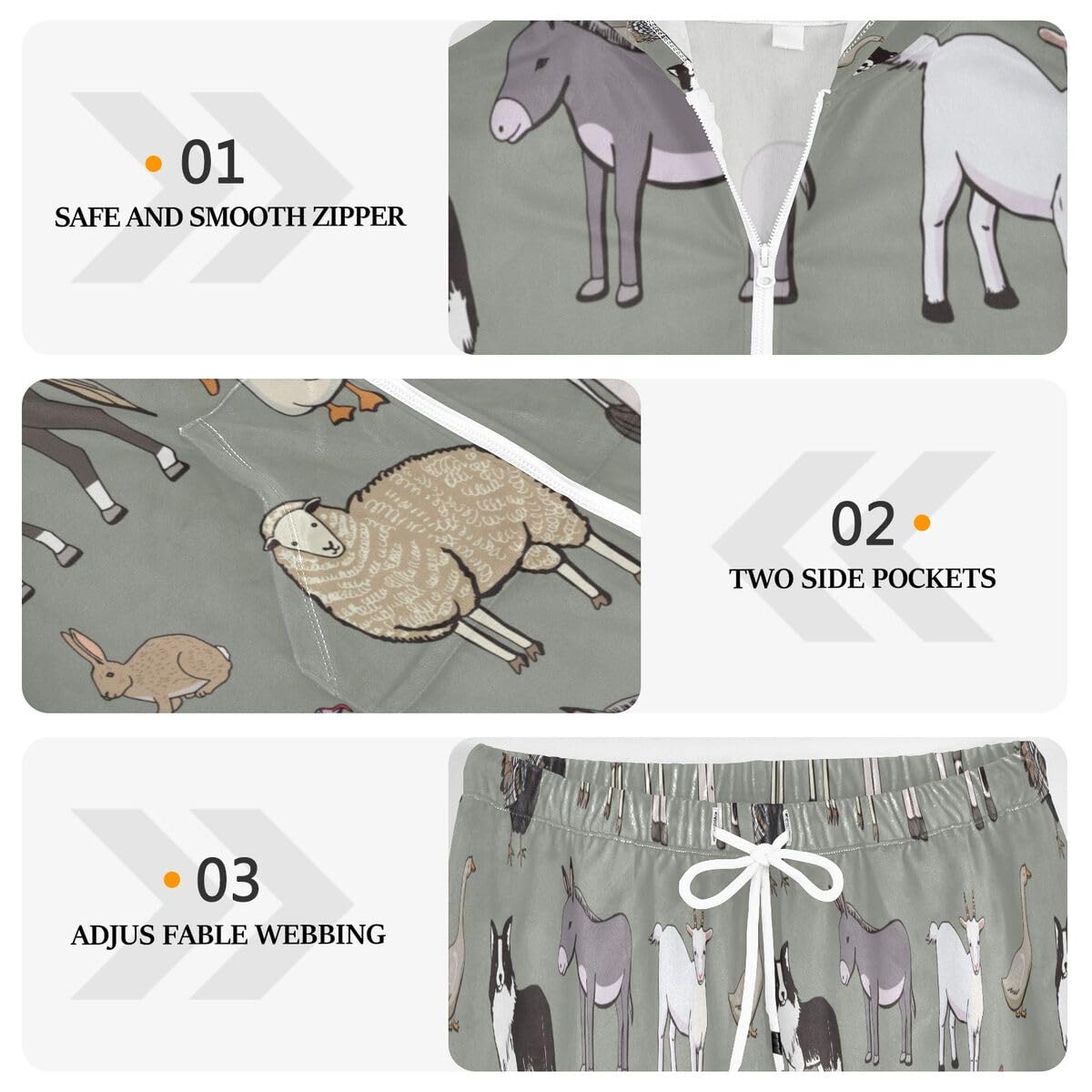 Conjunto deportivo de 2 piezas para mujer, diseño de caballo, vaca, oveja, cabra, manga larga, color gris