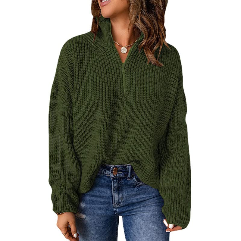 Womens Quarter Zip Sweaters High Neck Ribbed Knit Tops Off Shoulder Long Sleeve Fall Casual Oversized Pullover Tops