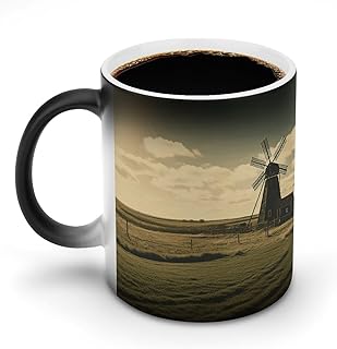 Vintage Black Windmill on The Prairie Coffee Cup 12 Oz Personalized Magic Coffee Mug Heat Sensitive Color Changing Cup Large Ceramic Mugs Colour Changing Mugs Fashion Novelty Tea Cup for Festivals Gif
