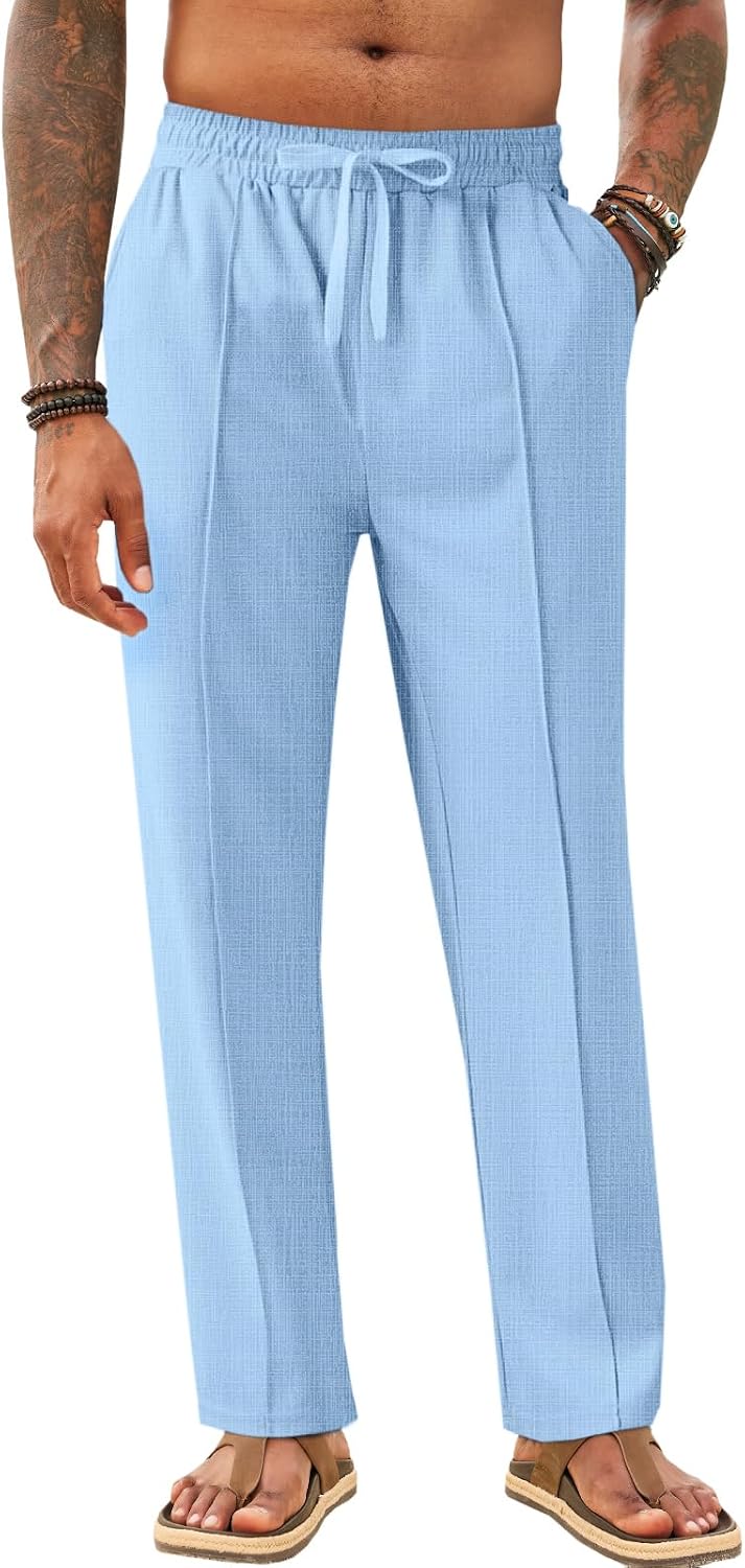 Makkrom Mens Casual Pants Elastic Waist Drawstring Lightweight Summer Loose Beach Straight Leg Pants with Pockets