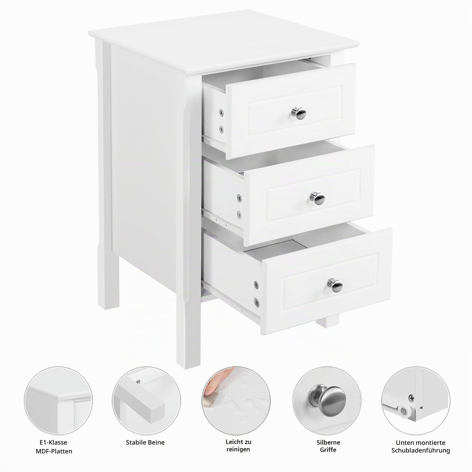 Yaheetech 2er Set Nachttisch Nachtschrank mit 3 Schubladen Boxspringbett Nachtkommode Beistelltisch Stabiler Sofatisch Konsole Schrank für Schlafzimmer/Wohnzimmer, Weiß