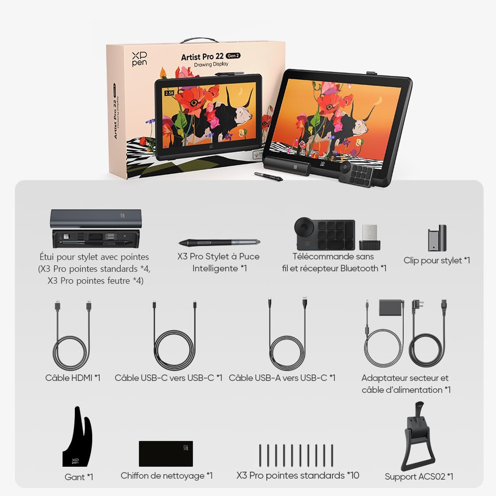 XPPen Artist Pro 22 (Gen 2) Moniteur de Dessin Professionnel en 22 Pouces | Écran QHD 2,5K Entier Laminé | Couleur Calman Certifié | Dual Stylet X3 Pro 16K Niveuaux | 99% sRGB | Support Inclus