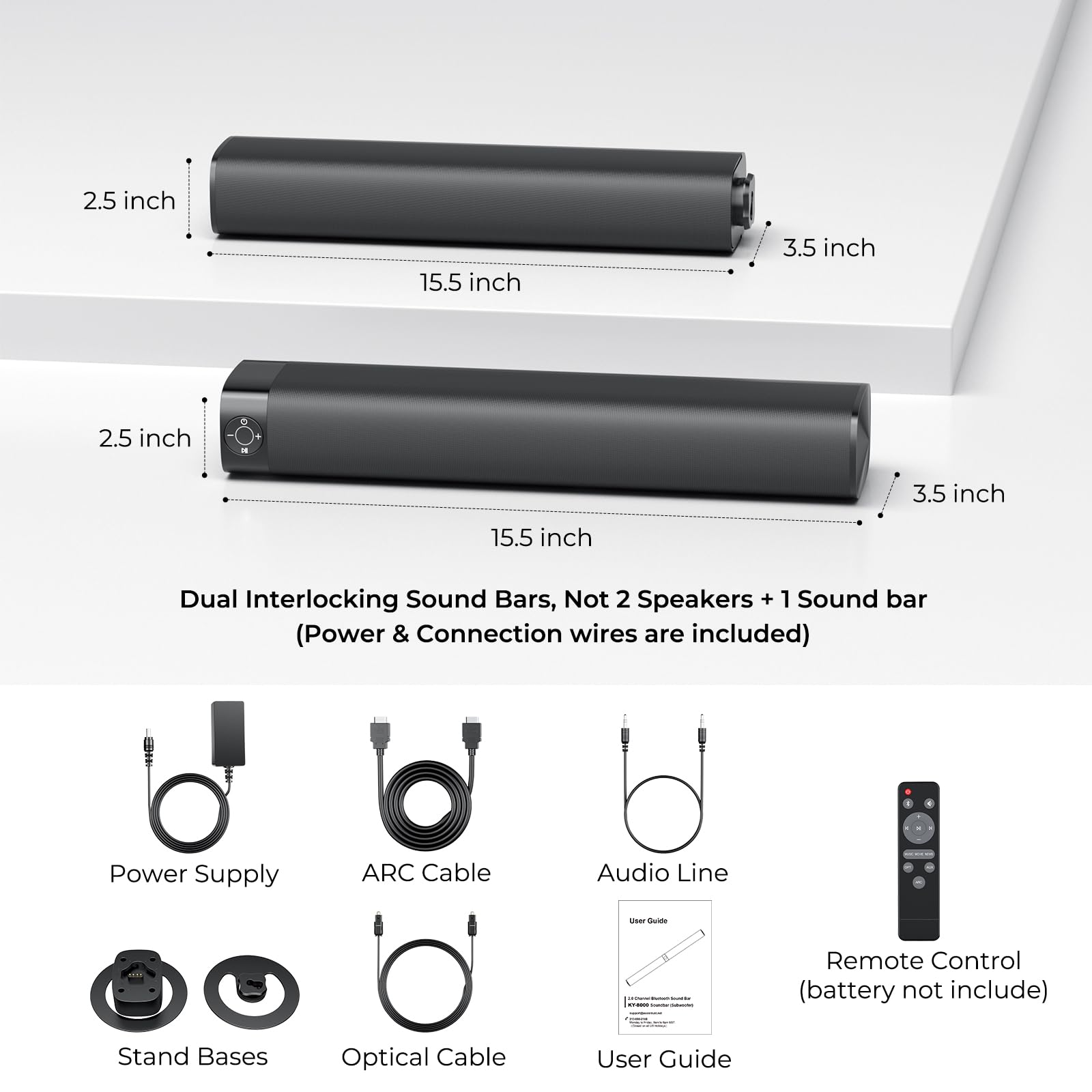 Sound Bar for Smart TV, Soundbar with Bluetooth/ARC/Opt/AUX Connect, Auto Volume Boost, 3 Equalizer Modes, 2 in 1 Detachable Soundbar for TV/PC/Gaming/Projectors