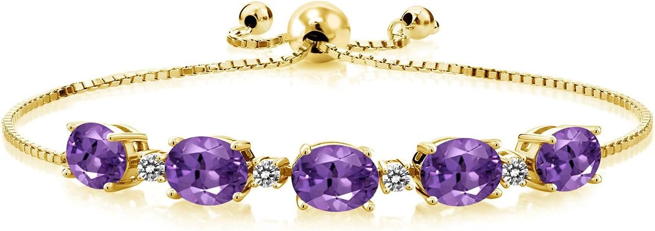 Gem Stone King 6.01 Ct Purple Amethyst White Diamond 18K Yellow Gold Plated Silver Bracelet For Women