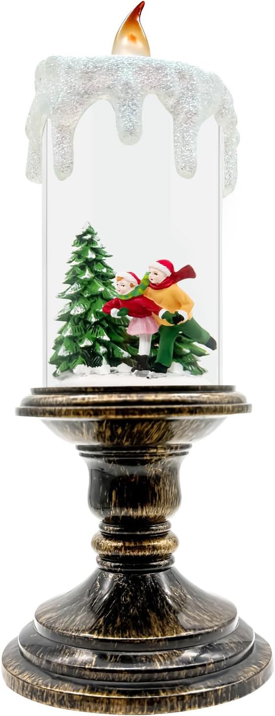 Christmas Snow Globe Candle Lantern with Timer, Rotating Glitter Water, Flameless LED Candle, Battery Operated (3×AA), Vintage-Style Holiday Decoration for Tabletop & Mantel