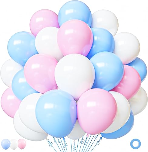 Globos de látex rosa y azul, paquete de 50 globos de fiesta de 12 pulgadas, rosa, azul, blanco, con cinta de 33 pies para revelación de género, baby