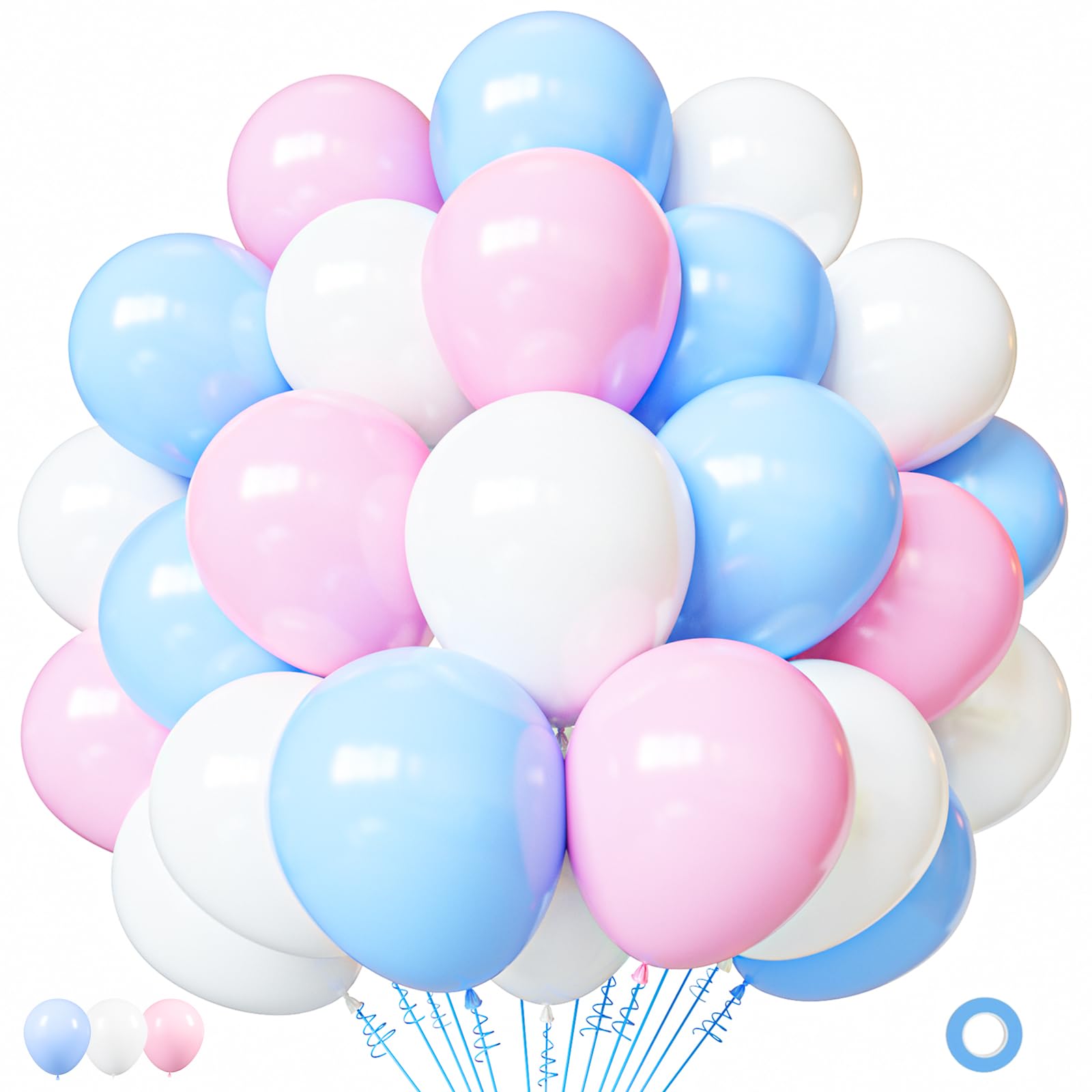 Pink and Blue Latex Balloons, 50 Pack 12 inch Pink Blue White Party Balloons with 33ft Ribbon for Gender Reveal Baby Shower Birthday Bridal Shower