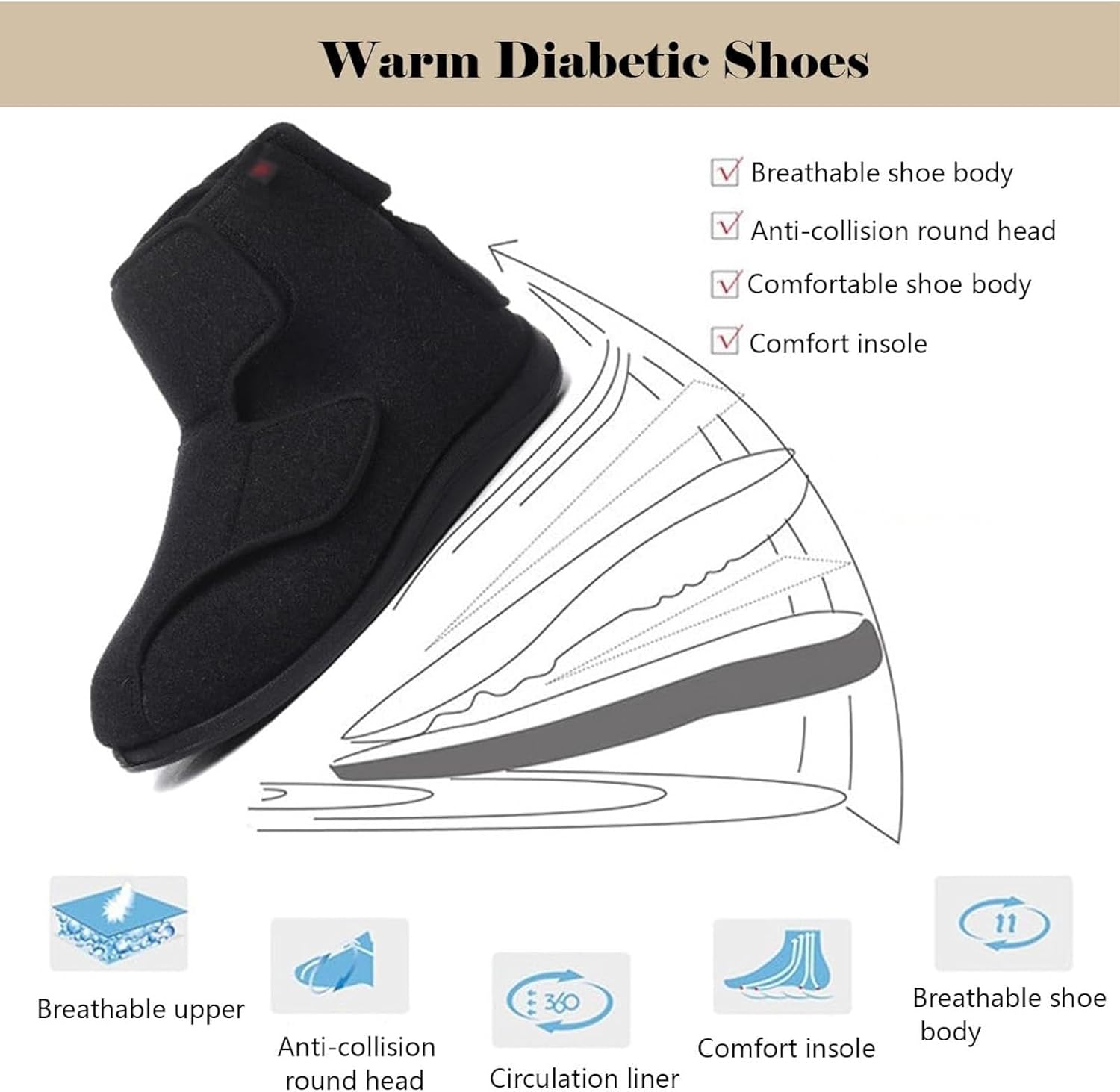 Men’s Adjustable Winter Diabetic Shoes, Wide Fit Memory Foam Fuzzy Slippers, Warm Indoor Outdoor Footwear for Arthritis, Edema, Swollen Feet Comfort