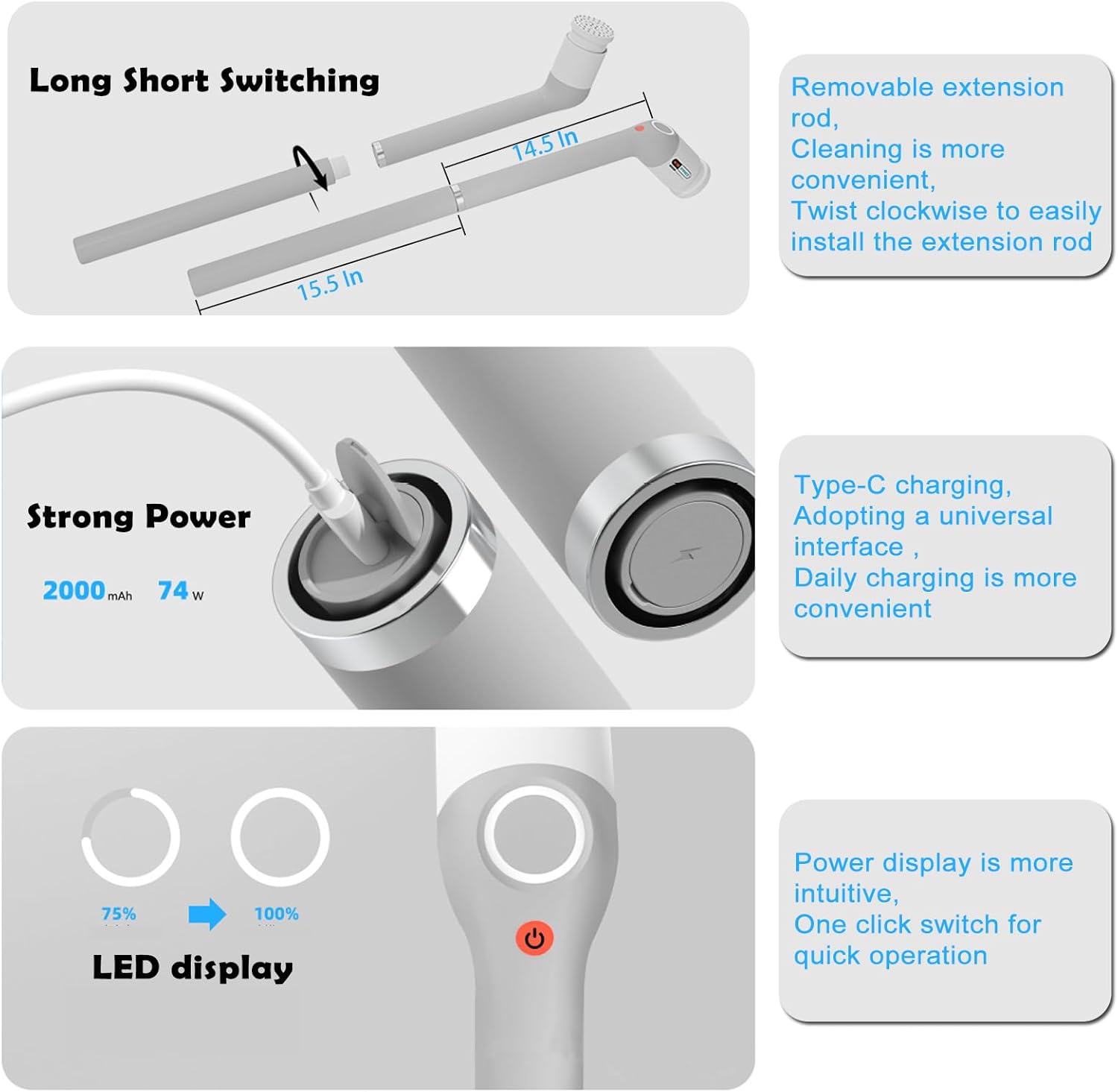 Electric Spin Scrubber,Bathroom Cleaner Brush with Full-Body IPX7 Waterproof,Shower Scrubber with Long Handle,Power Cleaning Brush with 9 Brush Heads,Cordless Scrubber for Kitchen,Tub,Tile,Galss,Floor