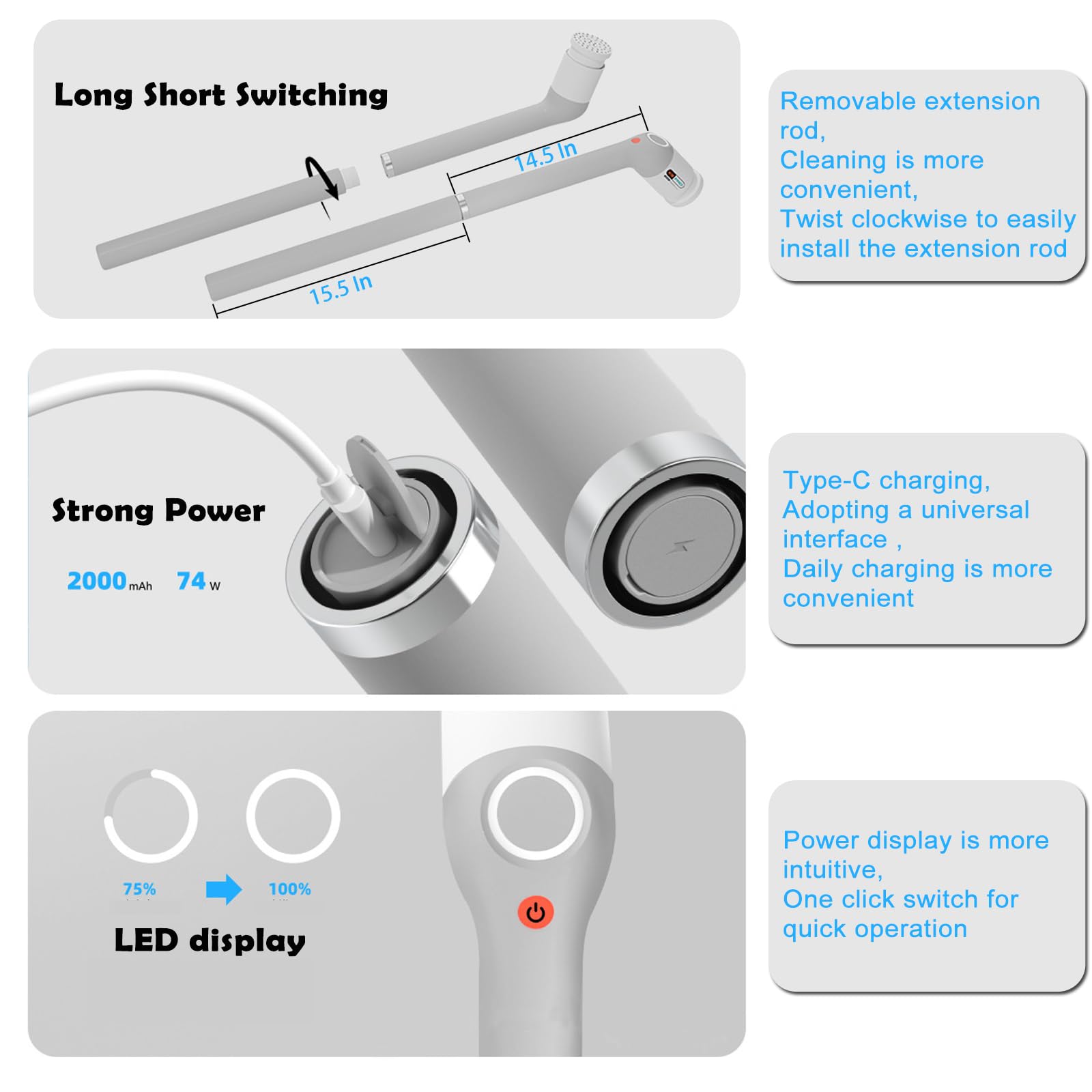 Limpiador eléctrico giratorio, cepillo limpiador de baño con cuerpo completo IPX7 impermeable, limpiador de ducha con mango largo, cepillo de limpieza eléctrico con 9 cabezales de cepillo, limpiador