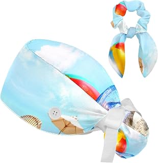 FVQL 2 Pieces Surgical Cap for Long Hair Scrub Cap with Hairband Nurse Cap, Summer Beach Ball Starfish Seashell