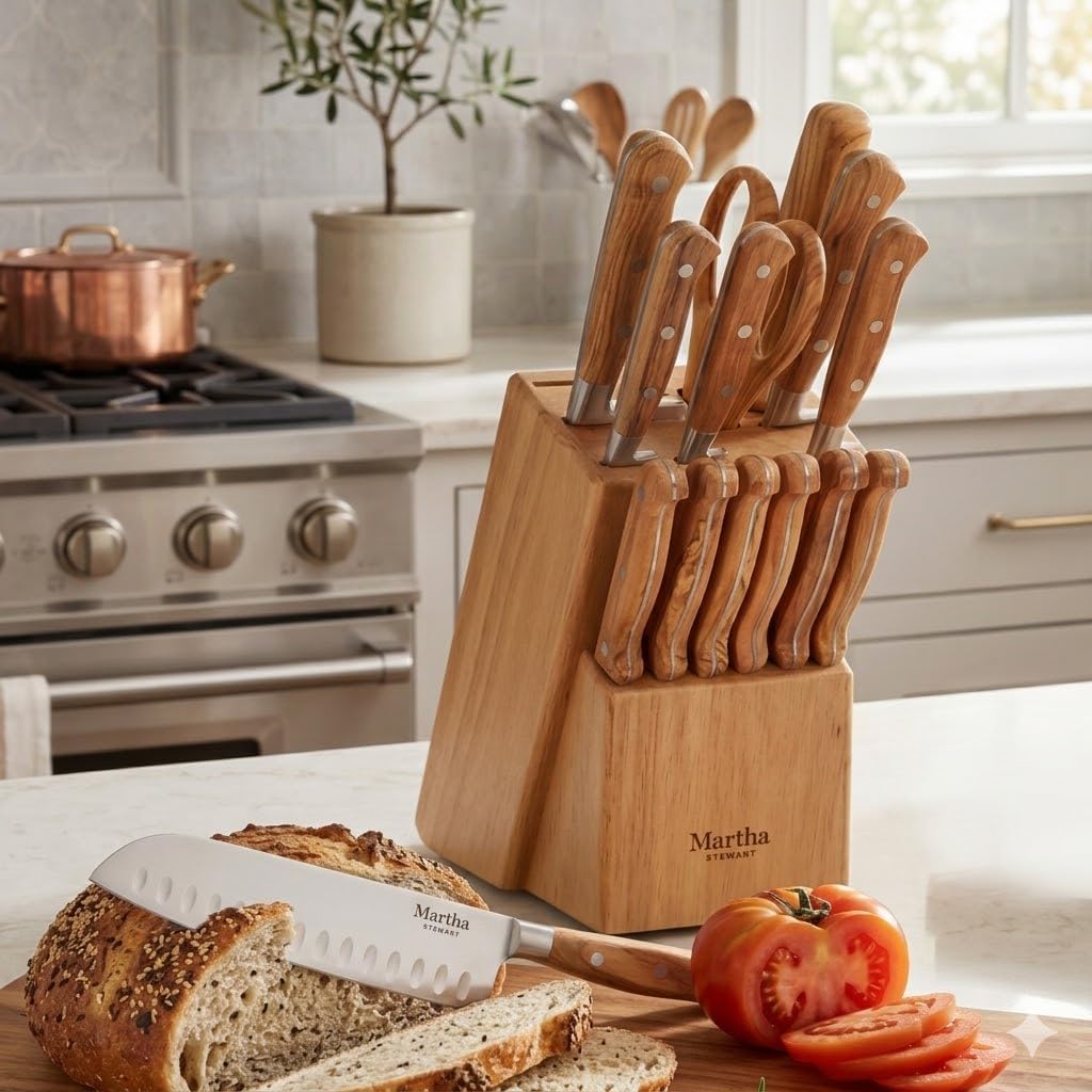 Martha Stewart Austenwood 15-Piece Knife Block Set, German Stainless Steel Kitchen Knives with Forged Italian Olive Wood Handle