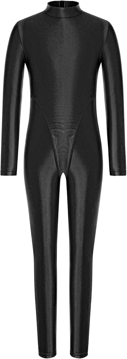Girls Ballet Dance Jumpsuit Kids Shiny Metallic Gymnastics Unitard Full Length Mock Neck Bodysuit