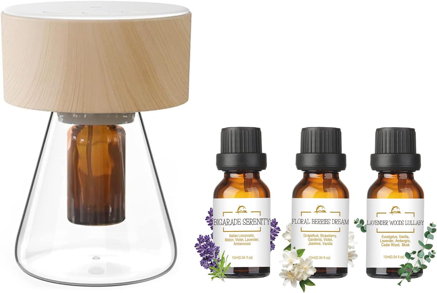 Minidiva Twilight Waterless Diffuser with Sweet Dreamscape Essential Oil Blends, Atomizing Diffuser with Essential Oil Set, Optional LED Light, Quiet, Battery Powered for Office Home -Woodgrain