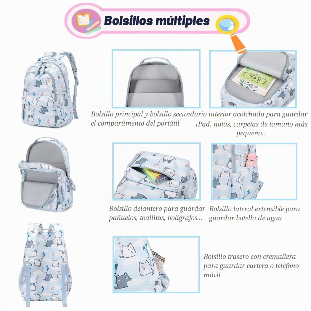 Mochilas para niñas con estampado de gatos o margaritas, mochilas escolares casuales resistentes al agua