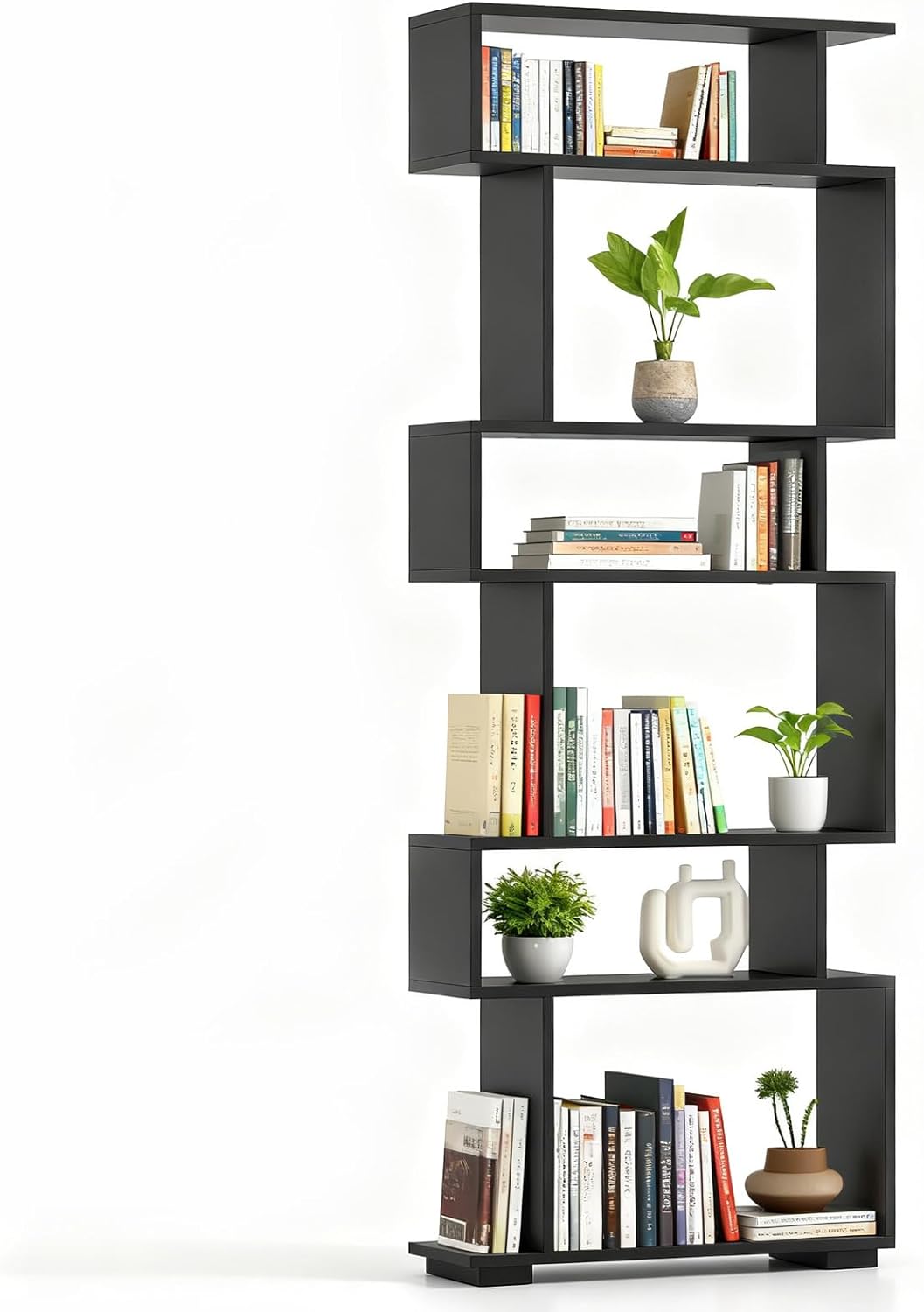 POWERSTONE 6-Tier S Shaped Bookshelf, Geometric Bookcase with 2 Anti-Tipping Kits, Wooden Storage Shelving Unit, Freestanding Display Shelf for Living Room, Office, Bedroom Black