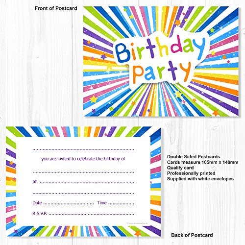 Olivia Samuel 20 x Colourful Childrens Birthday Invitations from A6 Postcard Size with envelopes
