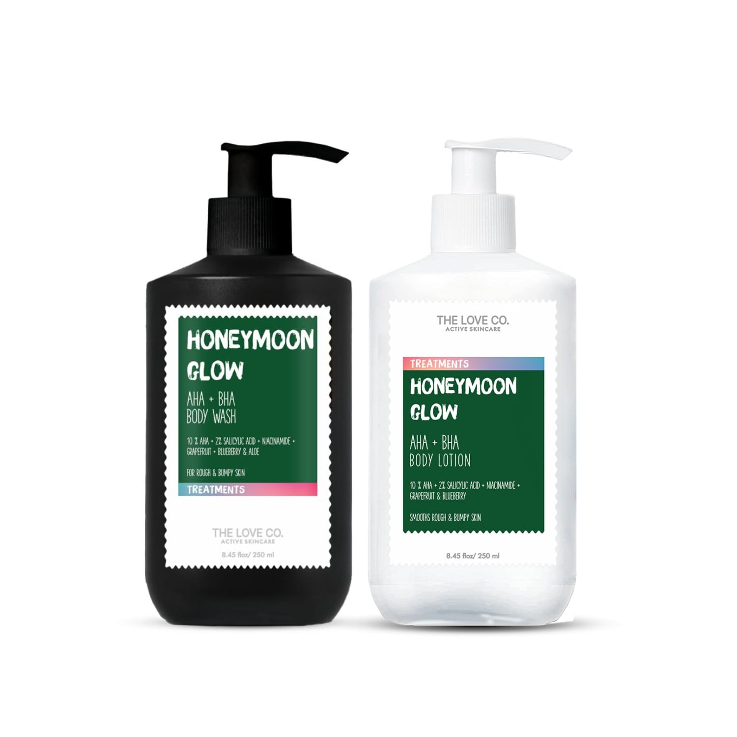THE LOVE CO. 10% AHA & 2% BHA Body Wash + Body Lotion | Enriched with Niacinamide & Grapefruit | Targets Acne, Dark Spots & Rough Skin | Sulphate-Free, Unisex | Pack of 2