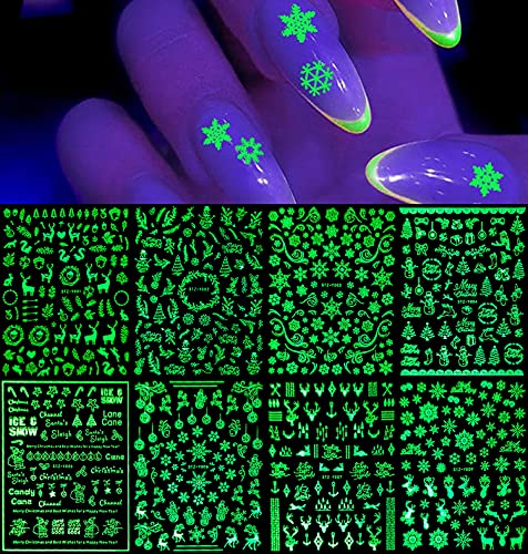 8 Sheets Luminous Christmas Nail Stickers 3D Snowflake Nail Art Decals Glow in The Dark Snowflakes Deer Snowman Santa Claus Bell Xmas Nail Stickers Winter Nail Designs Nail Tips Charms Decorations