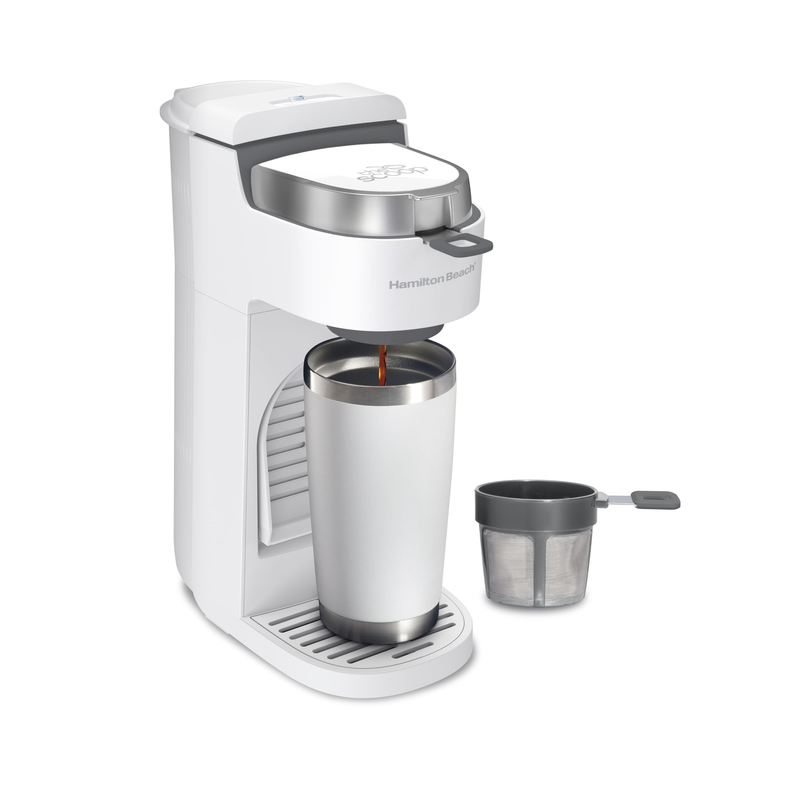 Hamilton Beach 47621 The Scoop Single Serve Coffee Maker & Fast Grounds Brewer for 8-14oz. Cups, Brews in Minutes, Next Gen, White