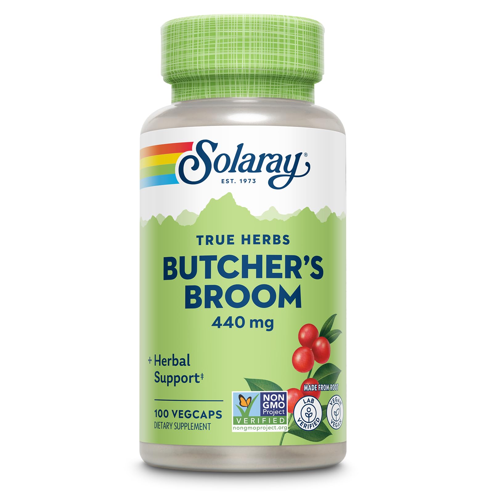 SOLARAY True Herbs Butcher's Broom 440mg - with Butcher's Broom Root - Herbal Supplements for Wellness Support - Non GMO, Vegan, Gluten Free, Lab Verified, 60-Day Guarantee - 100 Servings, 100 VegCaps