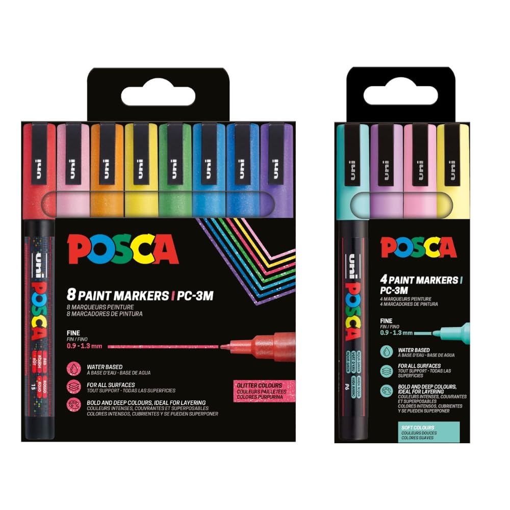 Set de 12 Rotuladores Punta Media – 8 Colores Purpurina + 4 Colores Pastel– Tinta Acrílica Permanente para Papel, Madera, Vidrio, Tela, Piedra y Más