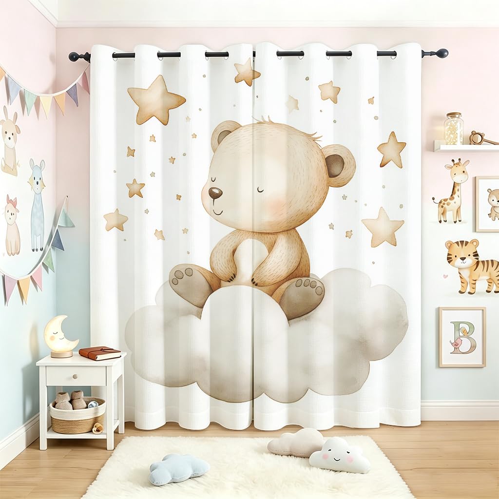Cartoon Star Bear Curtains Blackout, 46x72 Inch 2 Panels - Kids Nursery Pattern Black Out Curtains, Home Decor, 72 Drop Eyelet Window Drapes for Bedroom, Living Room DH128