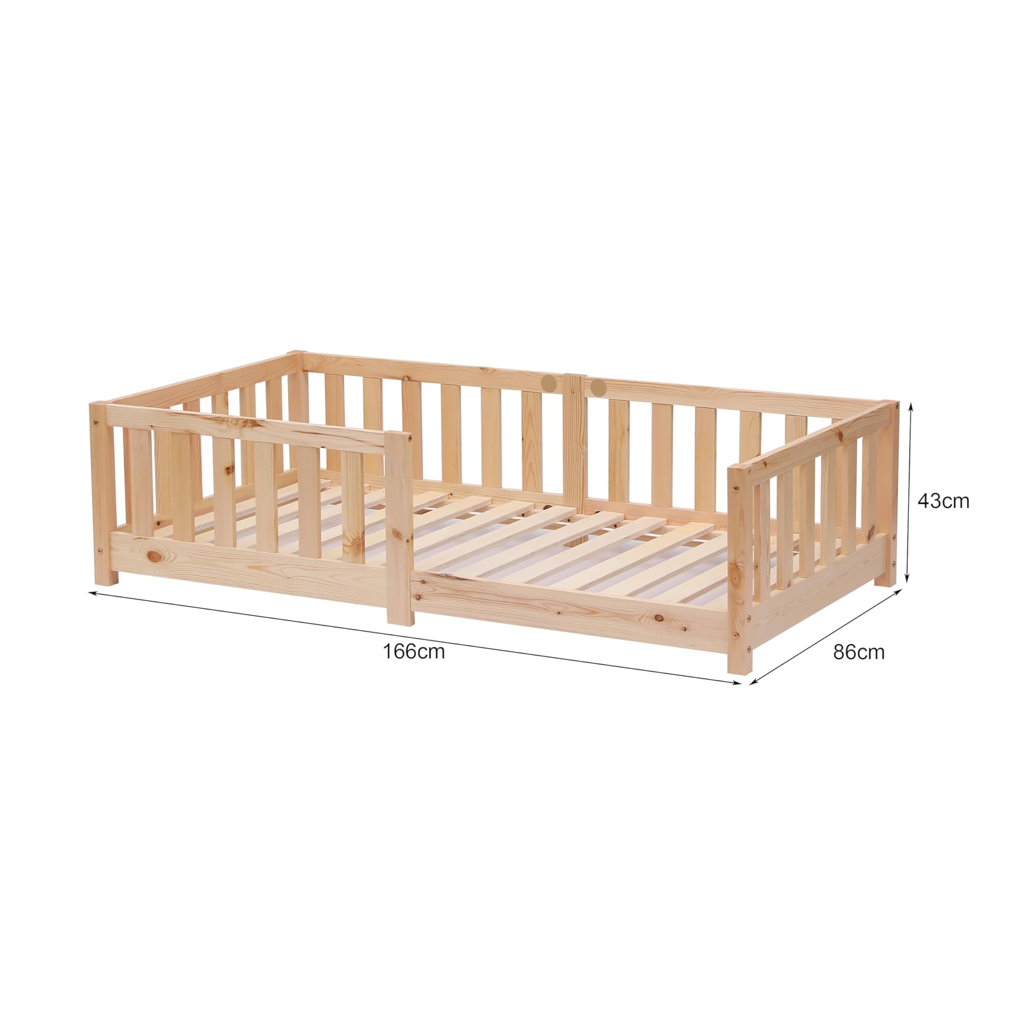 ecoMI Letto per bambini con protezione anticaduta e rete a doghe, letto da pavimento Montessori in legno di pino massiccio, letto singolo, naturale, 80 x 160 cm